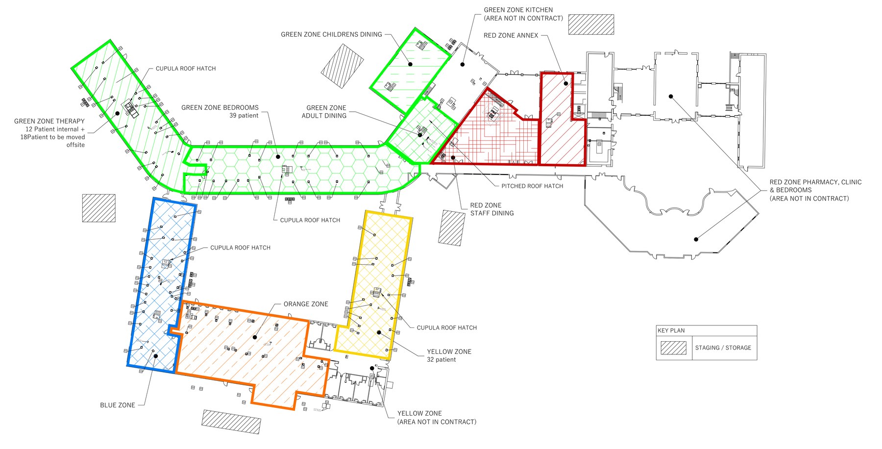 Zone phasing plan dividing the building into colour-coded construction phases