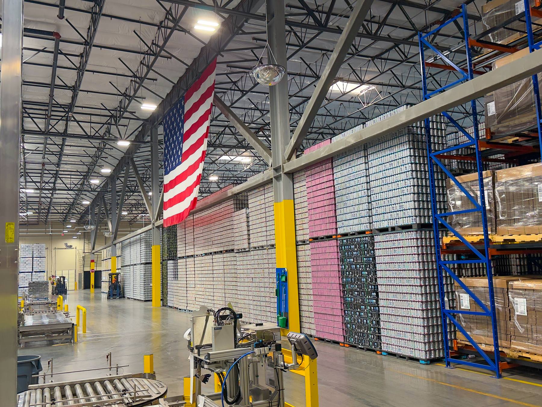 Palletized cans in a beverage canning plant